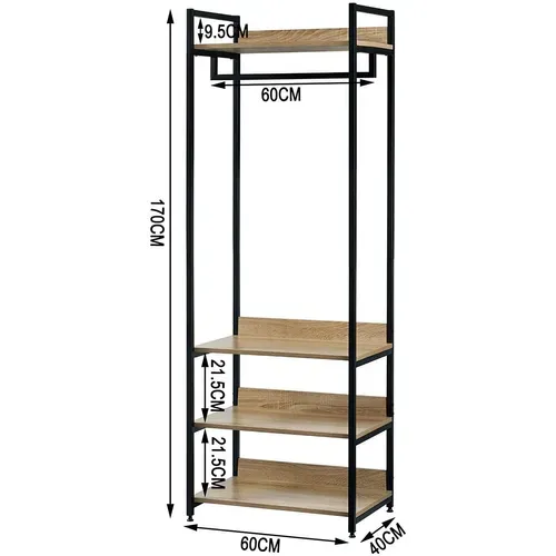 Porte-manteau Avec Un Tringle Et 4 Étagères En Bois+acier.penderie.chêne Clair+noir.60x40x170 Cm