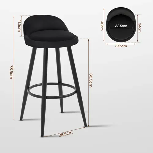 2 X Tabouret De Bar - Chaise De Bar En Velours - Tabouret Bistro En Métal - Noir