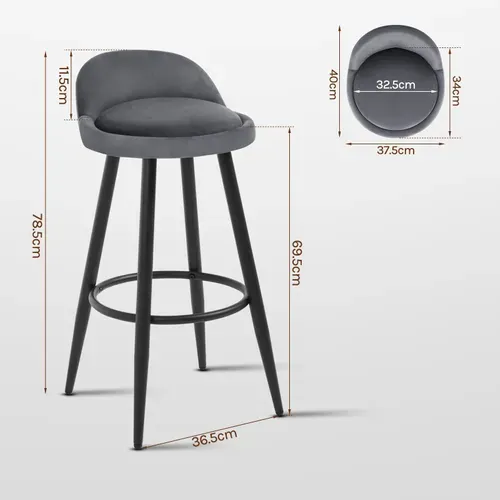 2x Tabouret De Bar Chaise De Bar En Velours Tabouret Bistroen Métal Noir Gris Foncé