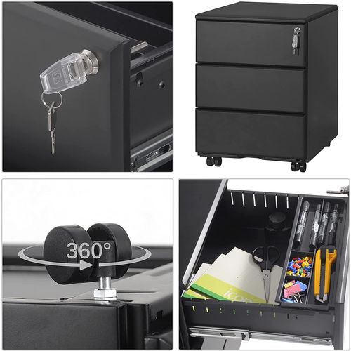 Caisson De Bureau En Acier Et Nylon Avec Serrures Et Roulettes 39x52.4x54cm Noir