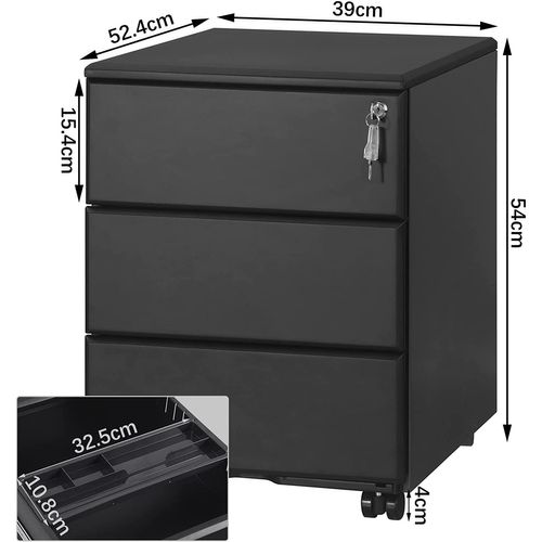 Caisson De Bureau En Acier Et Nylon Avec Serrures Et Roulettes 39x52.4x54cm Noir