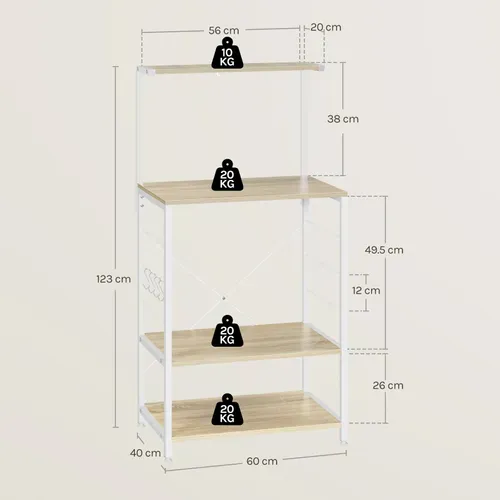 Étagère Rangement à Micro-ondes.Étagère Cuisine En Bois+Cadre En Acier.60x40x123cm.Chêne+Blanc