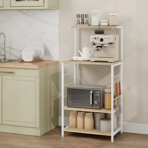 Étagère Rangement à Micro-ondes.Étagère Cuisine En Bois+Cadre En Acier.60x40x123cm.Chêne+Blanc