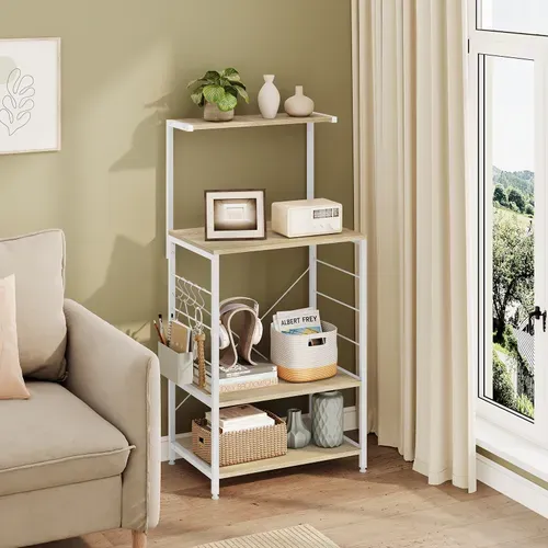 Étagère Rangement à Micro-ondes.Étagère Cuisine En Bois+Cadre En Acier.60x40x123cm.Chêne+Blanc