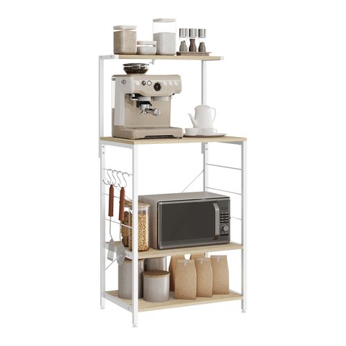 Étagère Rangement à Micro-ondes.Étagère Cuisine En Bois+Cadre En Acier.60x40x123cm.Chêne+Blanc