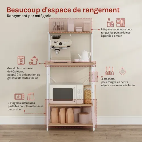 Étagère Rangement à Micro-ondes.Étagère Cuisine En Bois+Cadre En Acier.60x40x123cm.Chêne+Blanc