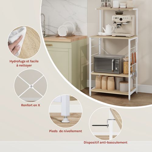 Étagère Rangement à Micro-ondes.Étagère Cuisine En Bois+Cadre En Acier.60x40x123cm.Chêne+Blanc