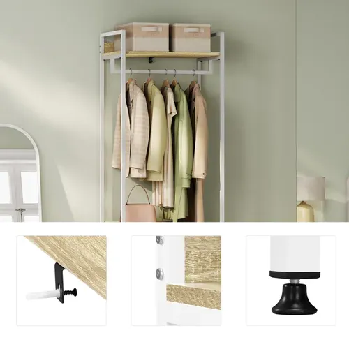 Porte-manteau Avec Un Tringle+4 Étagères En Bois+Acier. Chêne Clair+Blanche. 60x40x170 Cm