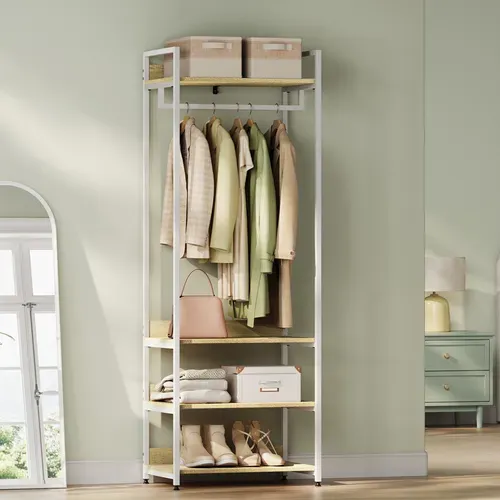 Porte-manteau Avec Un Tringle+4 Étagères En Bois+Acier. Chêne Clair+Blanche. 60x40x170 Cm