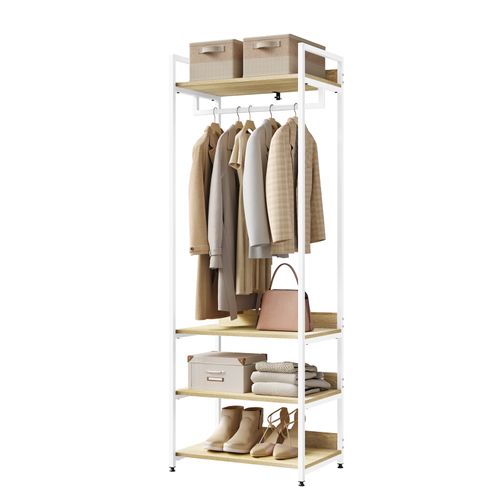 Porte-manteau Avec Un Tringle+4 Étagères En Bois+Acier. Chêne Clair+Blanche. 60x40x170 Cm