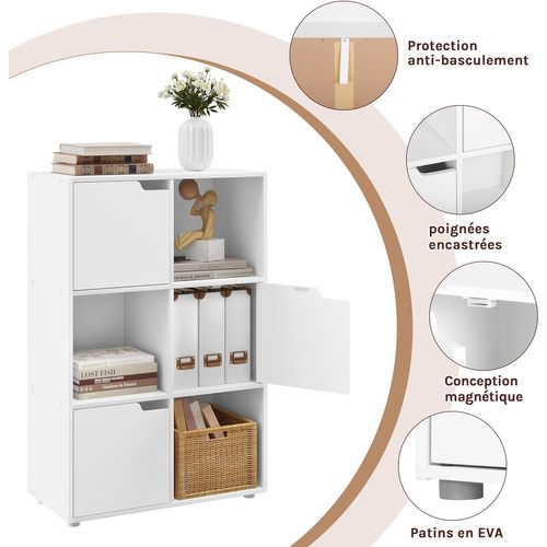 Bibliothèque Armoire Avec 3 Portes. Étagère De Rangement En Mdf. 59.7x29.7x91cm. Blanc