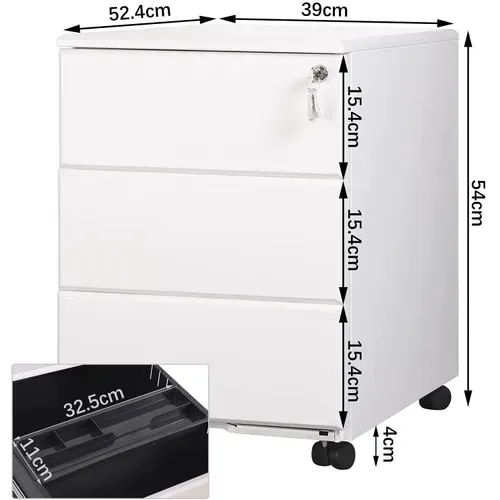 Caisson De Bureau Caisson De Rangement Avec Serrures Et Roulettes En Métal Avec 3 Tiroirs Blanc