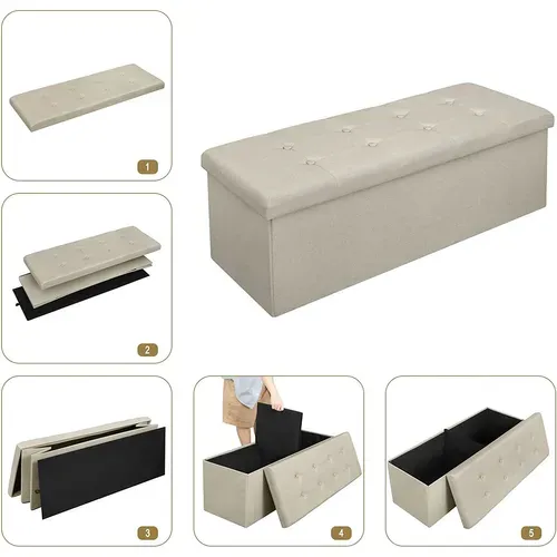 Tabouret Pouf De Rangement En Lin-coffre Repose-pied Pliable 110x37-5x38cm-beige