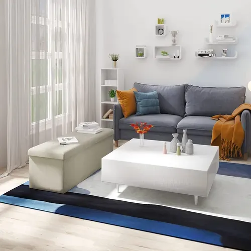 Tabouret Pouf De Rangement En Lin-coffre Repose-pied Pliable 110x37-5x38cm-beige