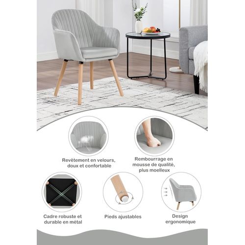 4x Chaises De Salle à Manger Chaises De Réception En Velours Et Bois Massif Gris Clair