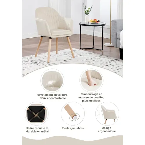 4x Chaises De Salle à Manger Chaises De Réception En Velours Et Bois Massif Crème Blanc