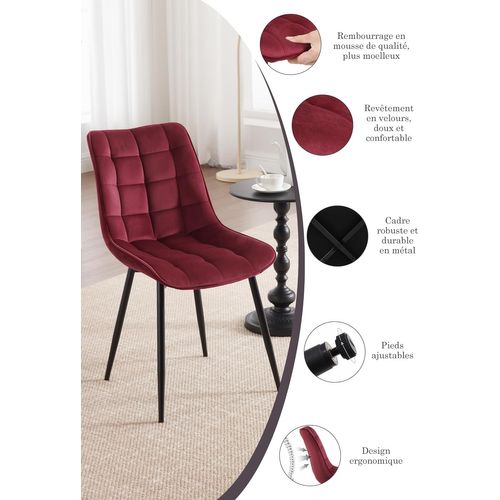 6x Chaise De Salle À Manger en Velours Pieds En Métal - Bordeaux