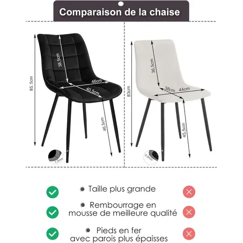 6x Chaise De Salle À Manger en Velours Pieds En Métal - Noir