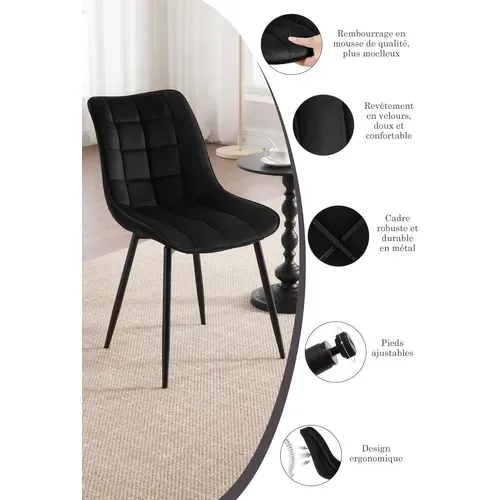 6x Chaise De Salle À Manger en Velours Pieds En Métal - Noir