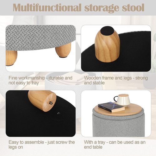 Pouf De Rangement Avec Pieds En Pin - Tabouret Avec Couvercle - Gris Clair
