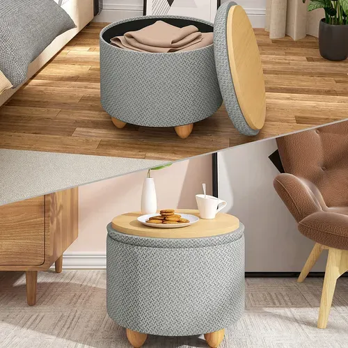 Pouf De Rangement Avec Pieds En Pin - Tabouret Avec Couvercle - Gris Clair