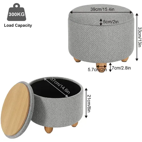 Pouf De Rangement Avec Pieds En Pin - Tabouret Avec Couvercle - Gris Clair