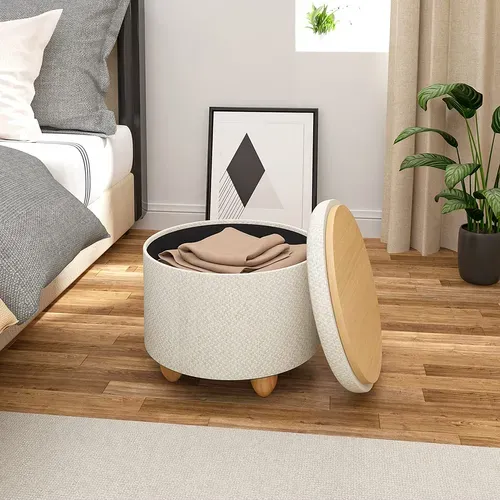 Pouf De Rangement Avec Pieds En Pin-Tabouret Avec Couvercle-Blanc Crème
