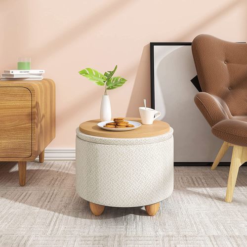 Pouf De Rangement Avec Pieds En Pin-Tabouret Avec Couvercle-Blanc Crème