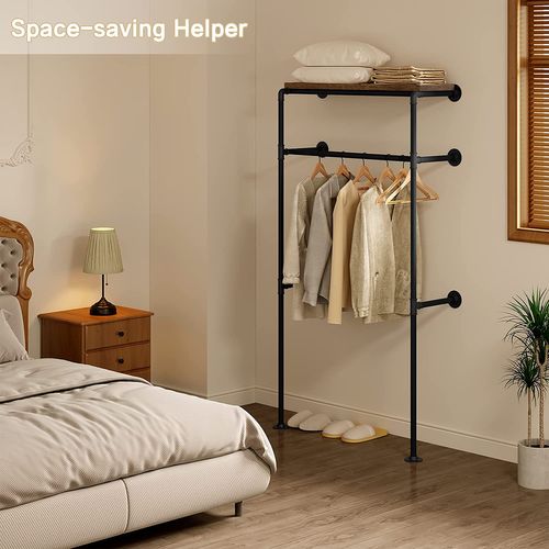 Portant à Vêtements Mural.Penderie Industrielle En Tube D'acier.Étagère En Mdf.Noir+Marron