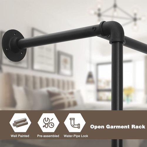 Portant à Vêtements Mural.Penderie Industrielle En Tube D'acier.Étagère En Mdf.Noir+Marron