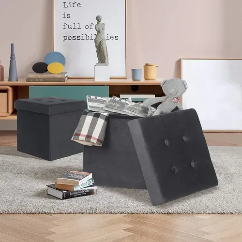 Lot De 2 Tabouret Pouf De Rangement En Velours-coffre Repose-pied Pliable 37-5x37-5x38cm-gris