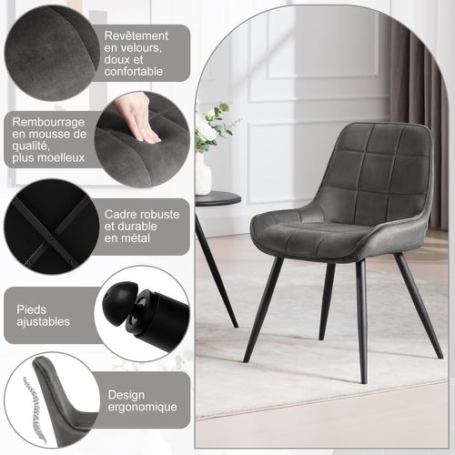 Lot De 6 Chaises De Salle à Manger. Chaises Relaxantes En Velours Avec Dossier. Gris Foncé