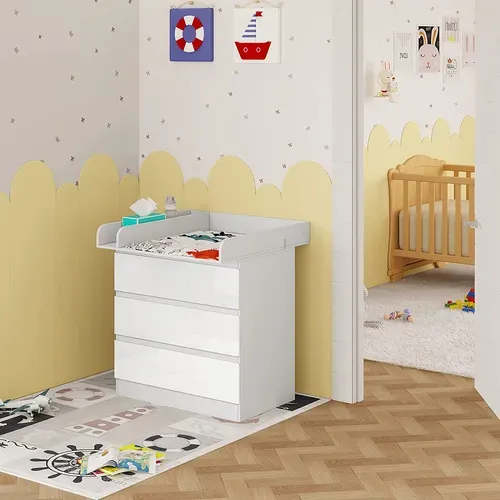 Table à Langer Bébé. Plan à Langer Avec 3 Tiroirs Meuble Enfant En Bois D’ingénierie + Mdf. Blanc