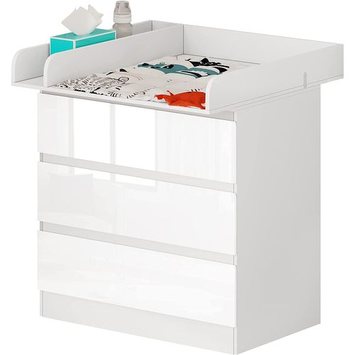 Table à Langer Bébé. Plan à Langer Avec 3 Tiroirs Meuble Enfant En Bois D’ingénierie + Mdf. Blanc
