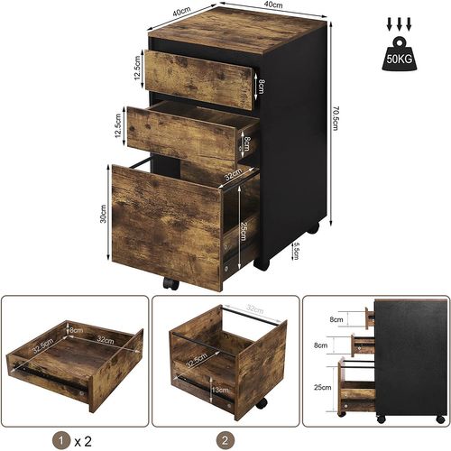 Caisson Mobile. Meuble Rangement Bureau Avec 3 Tiroirs. 40x40x70cm. Marron Rustique Et Noir