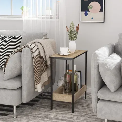 Table Basse Avec Rangement. Petite Table Industrielle. Métal+Bois Artificiel.Chêne Clair.50x55x25cm