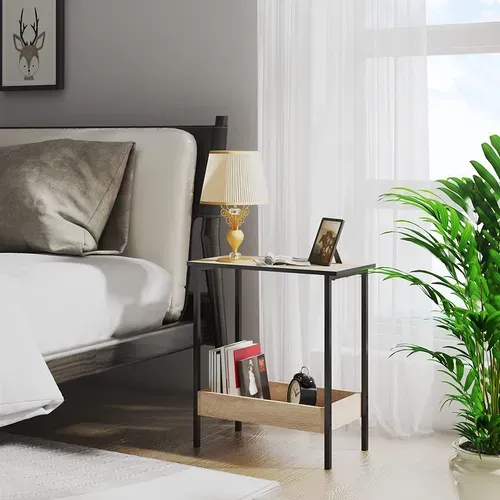 Table Basse Avec Rangement. Petite Table Industrielle. Métal+Bois Artificiel.Chêne Clair.50x55x25cm