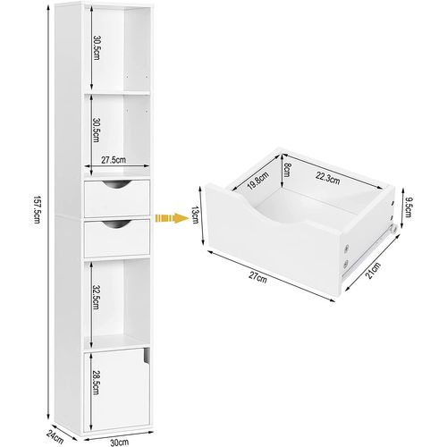 Bibliothèque Étagère. Meuble De Rangement 2 Tiroirs Et 1 Casier. 30x24x158cm. Blanc