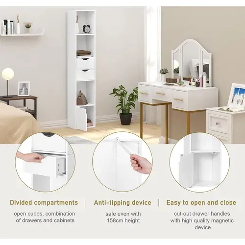 Bibliothèque Étagère. Meuble De Rangement 2 Tiroirs Et 1 Casier. 30x24x158cm. Blanc