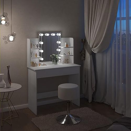 Coiffeuse Avec Miroir LED À Luminosité Réglable, Table De Maquillage, 40 X 90 X 135cm, Blanc