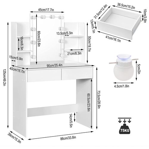 Coiffeuse Avec Miroir LED À Luminosité Réglable, Table De Maquillage, 40 X 90 X 135cm, Blanc