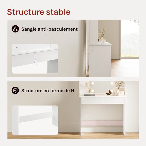 Coiffeuse Avec Miroir LED À Luminosité Réglable, Table De Maquillage, 40 X 90 X 135cm, Blanc