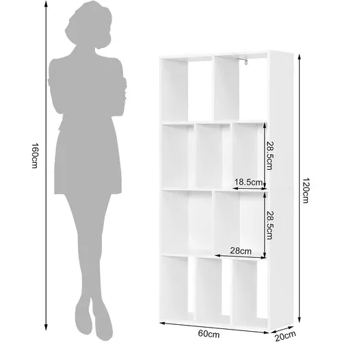 Étagère Rangement à 4 Niveaux Avec 10 Compartiments.bibliothèque En Bois.60x20x120 Cm.blanc