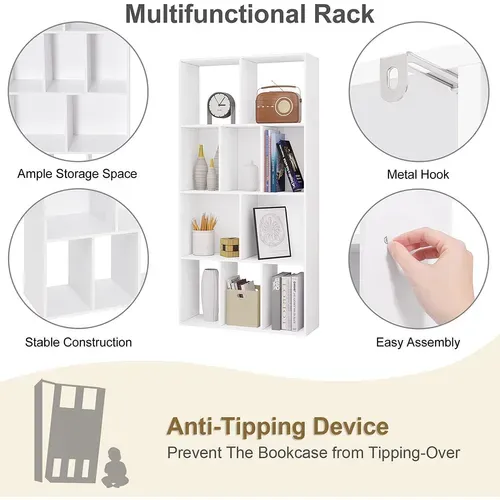 Étagère Rangement à 4 Niveaux Avec 10 Compartiments.bibliothèque En Bois.60x20x120 Cm.blanc