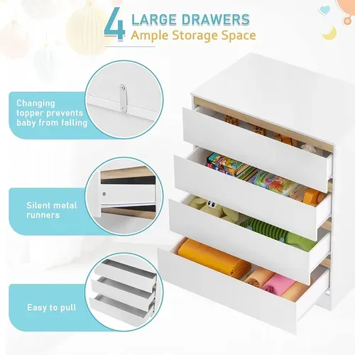 Table à Langer. Commode Bébé à Langer Avec 4 Tiroirs En Mdf+Bois D’ingénierie. 80x75x109.2cm. Blanc