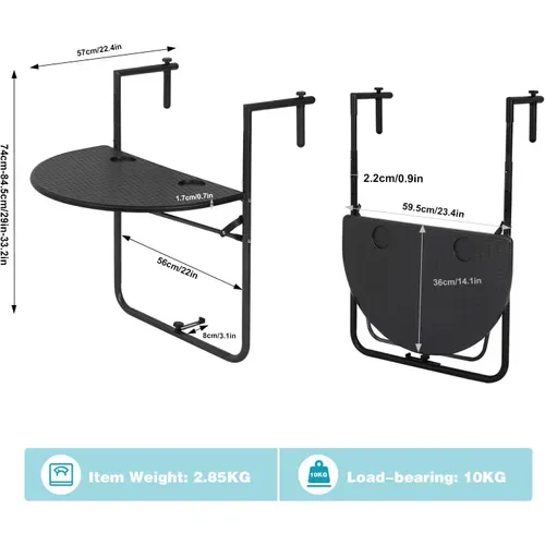 Table De Balcon Suspendue.table Murale Rabattable Avec 3 Hauteurs Réglables En Aspect Rotin.noir