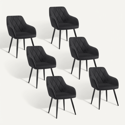 6x Chaise Salle à Manger-Chaise De Cuisine En Velours-Assis Rembourré Et Pieds En Métal-Noir