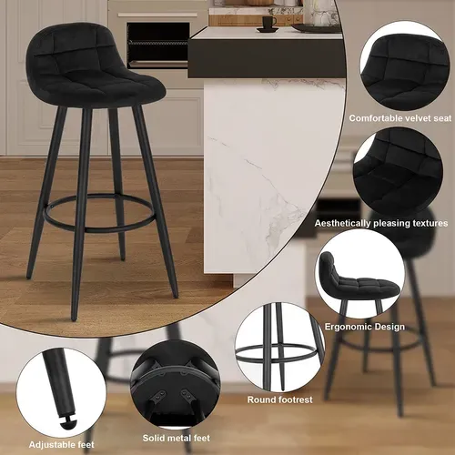Lot De 2 Tabourets De Bar Modernes.Chaise De Cuisine Haute En Velours+Métal.Hauteur D'assise.Noir
