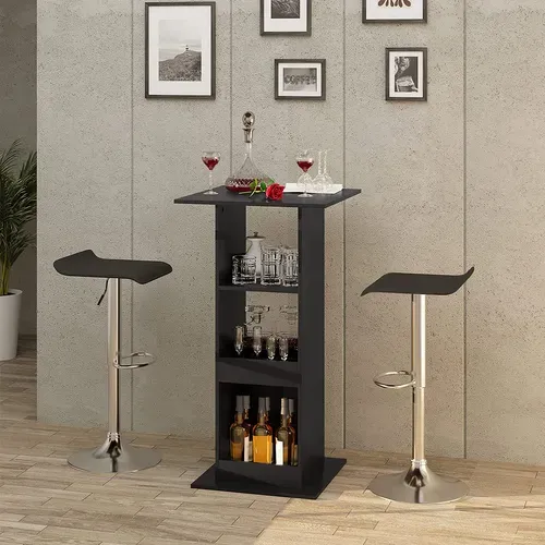Table De Bar Carrée Avec 3 Étagères. Petite Table De Cuisine. Meuble D’appoint. 60x60x112cm.noir