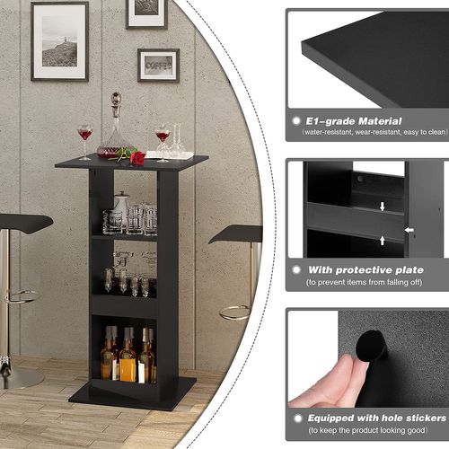 Table De Bar Carrée Avec 3 Étagères. Petite Table De Cuisine. Meuble D’appoint. 60x60x112cm.noir